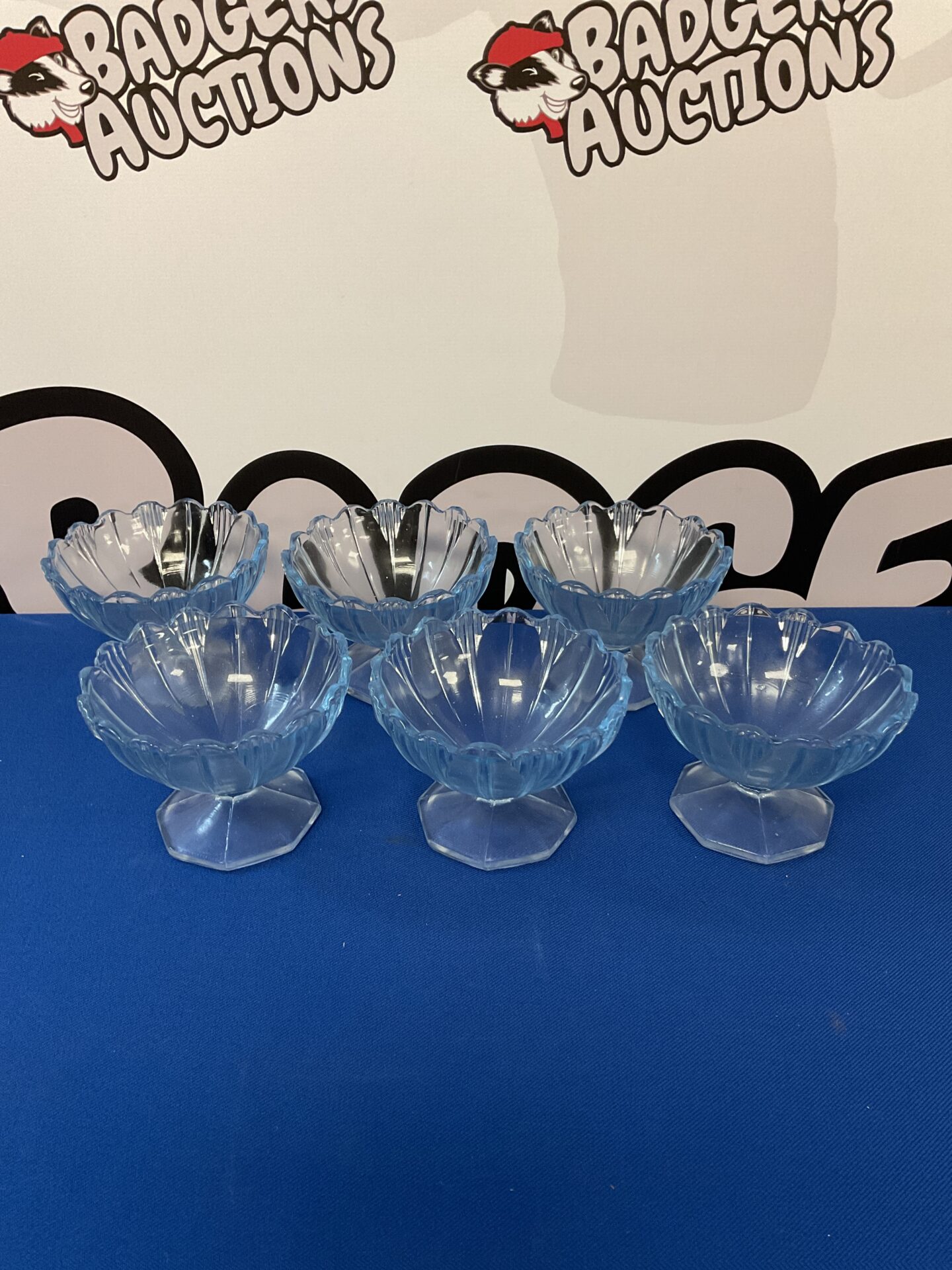 052 Set of six vintage blue glass desert dishes