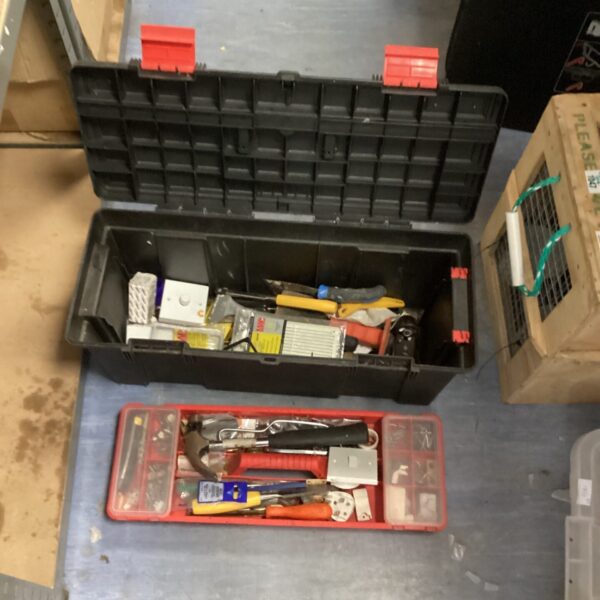 Large plastic tool box for workshop and hardware storage.