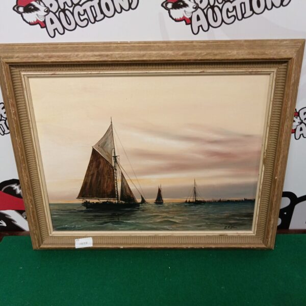 Vintage oil painting of tall ships by L Hatton.