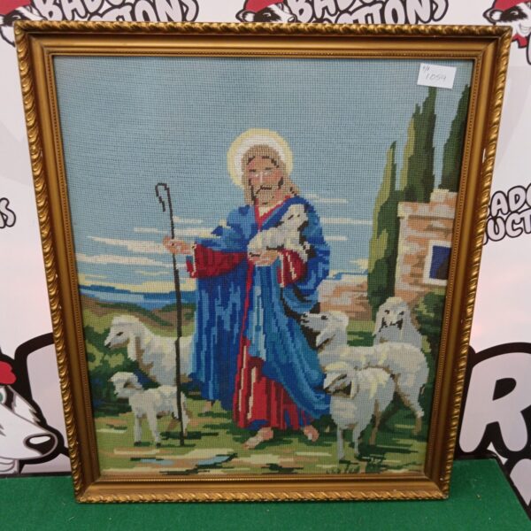 Vintage Jesus tapestry with a gilt frame, religious wall art.