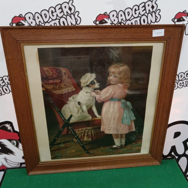 Vintage Burton Barber print of a girl and her dog advertising pears.