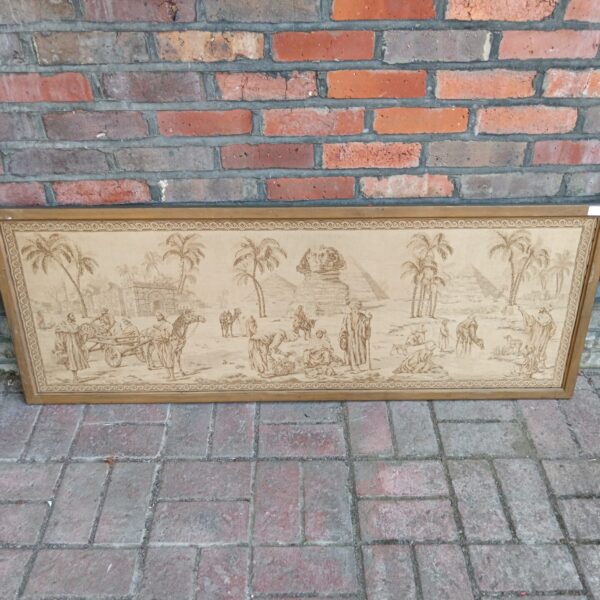 Large vintage framed Egyptian tapestry with detailed scene.