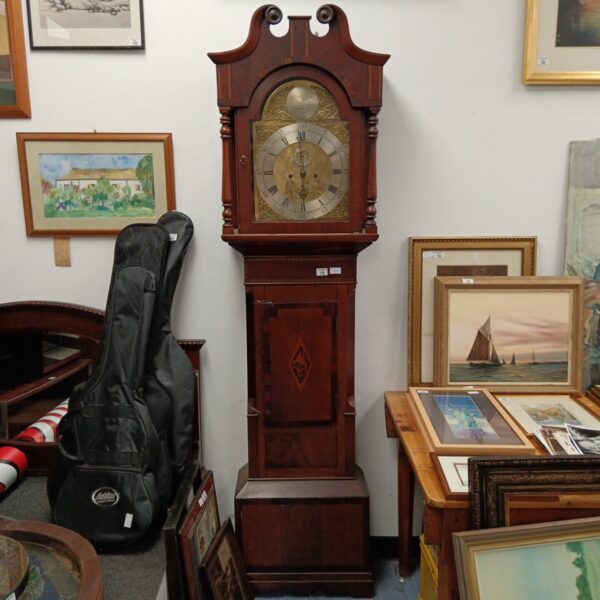 Antique longcase grandfather clock by W M Wright of Cambridge, detailed view.