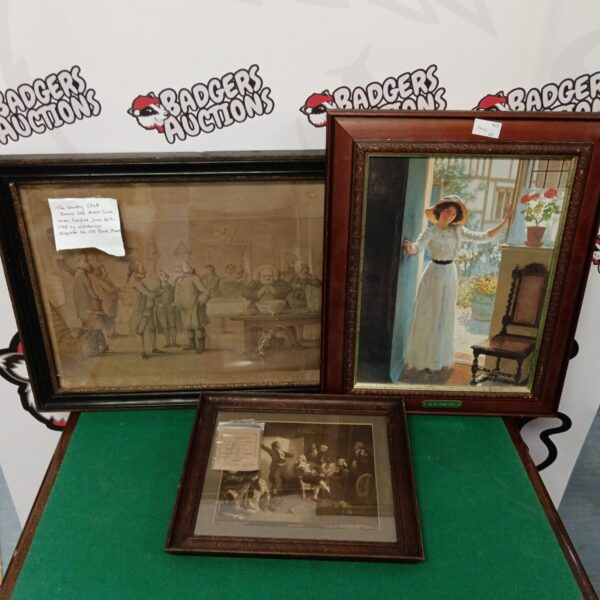 Vintage framed prints collection including a Country Club engraving.