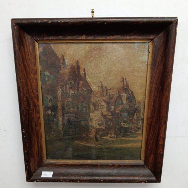 Antique French palet oil painting of a medieval street scene.