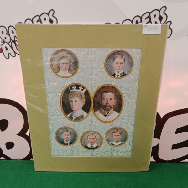 Vintage print of King George and his family in a formal portrait.
