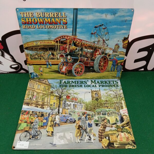 Vintage tin signs featuring a Burrell Showman's locomotive and farmers market scene.