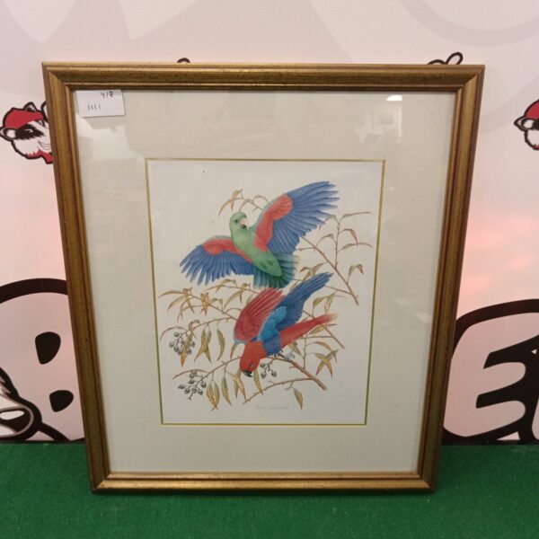 Vibrant Peter Longhurst parrot print with colourful birds.