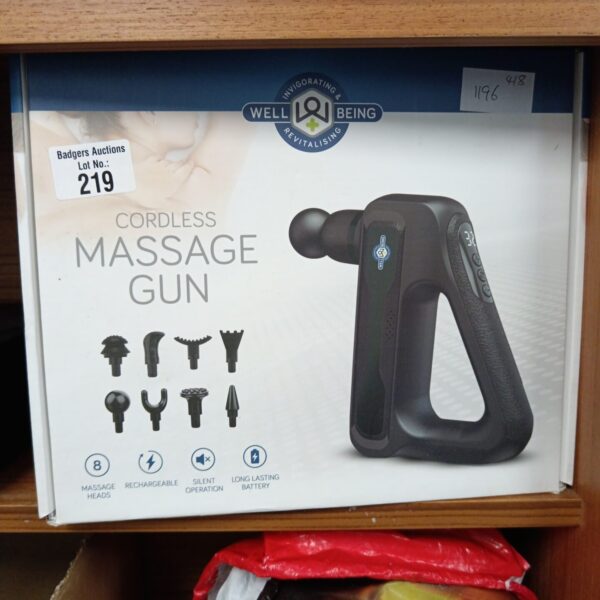 Wellbeing cordless massage gun for muscle recovery and relaxation.