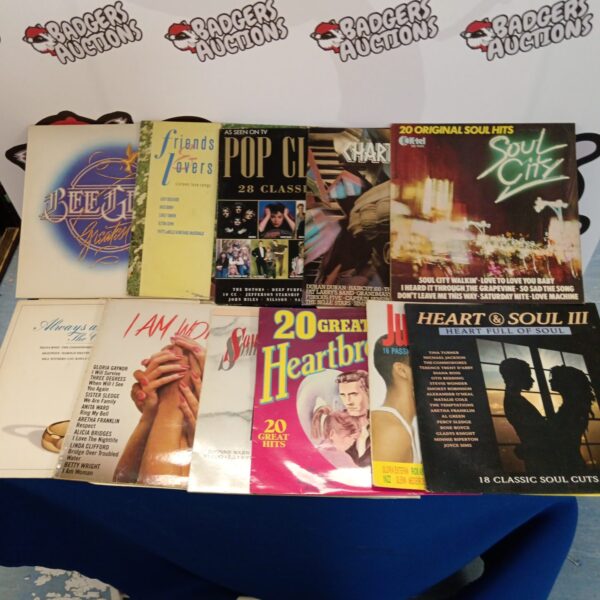 Vintage vinyl record lot including Bee Gees and soul music.
