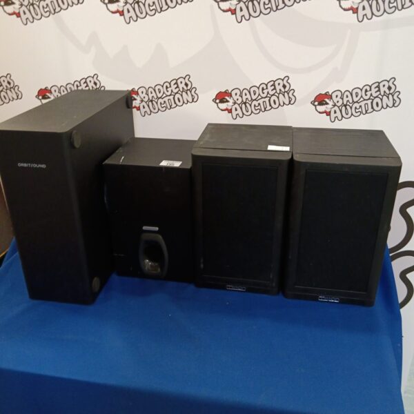 OrbitSound subwoofer pair for home audio systems.