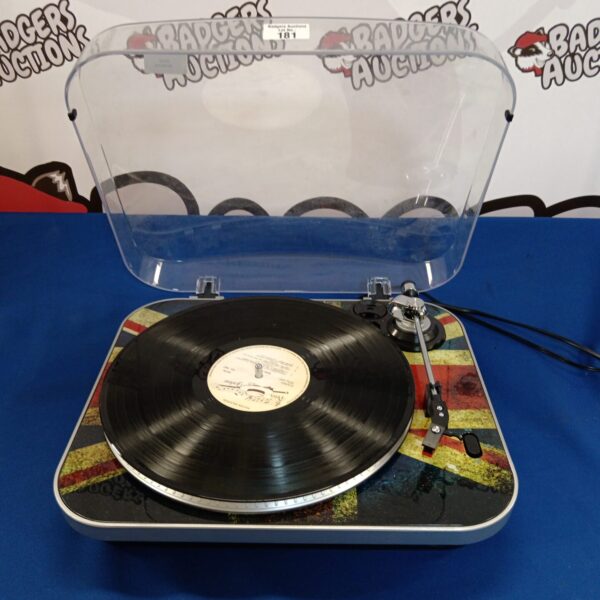 Vibrant GPO retro record player with lid open, showing vinyl record.