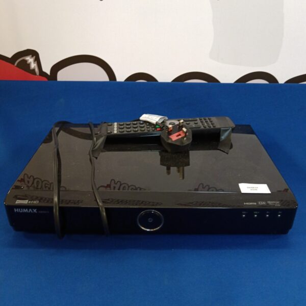 Black Humax HDR-Fox T2 digital TV box with remote control.