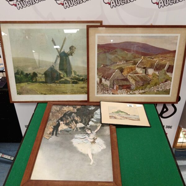 Vintage framed prints including Degas dancer and St Michaels Mount.