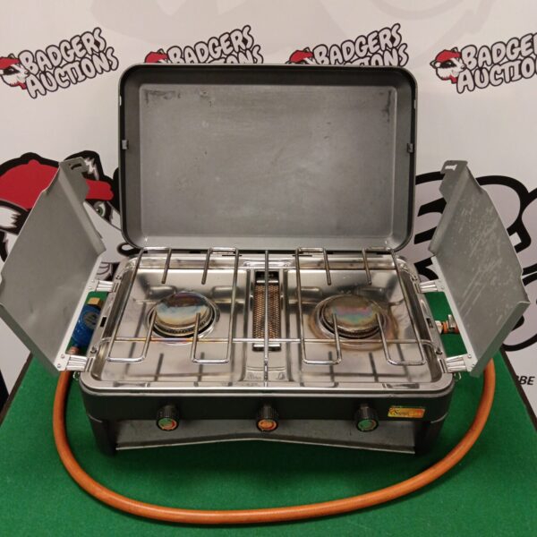 Sungas two burner camping stove for outdoor cooking.