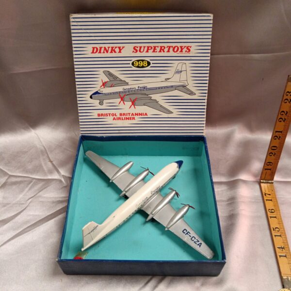 Vintage Dinky Supertoys Bristol Britannia airliner, a collectible toy airplane.