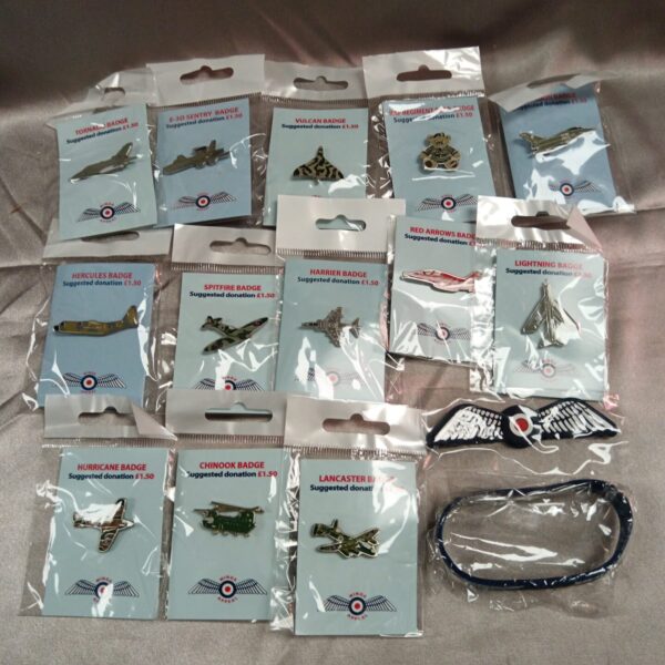 Collection of vintage RAF pin badges for military collectors.