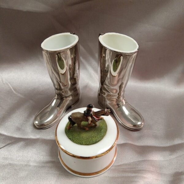 Silver plate cowboy boot shot measures and equestrian trinket pot.