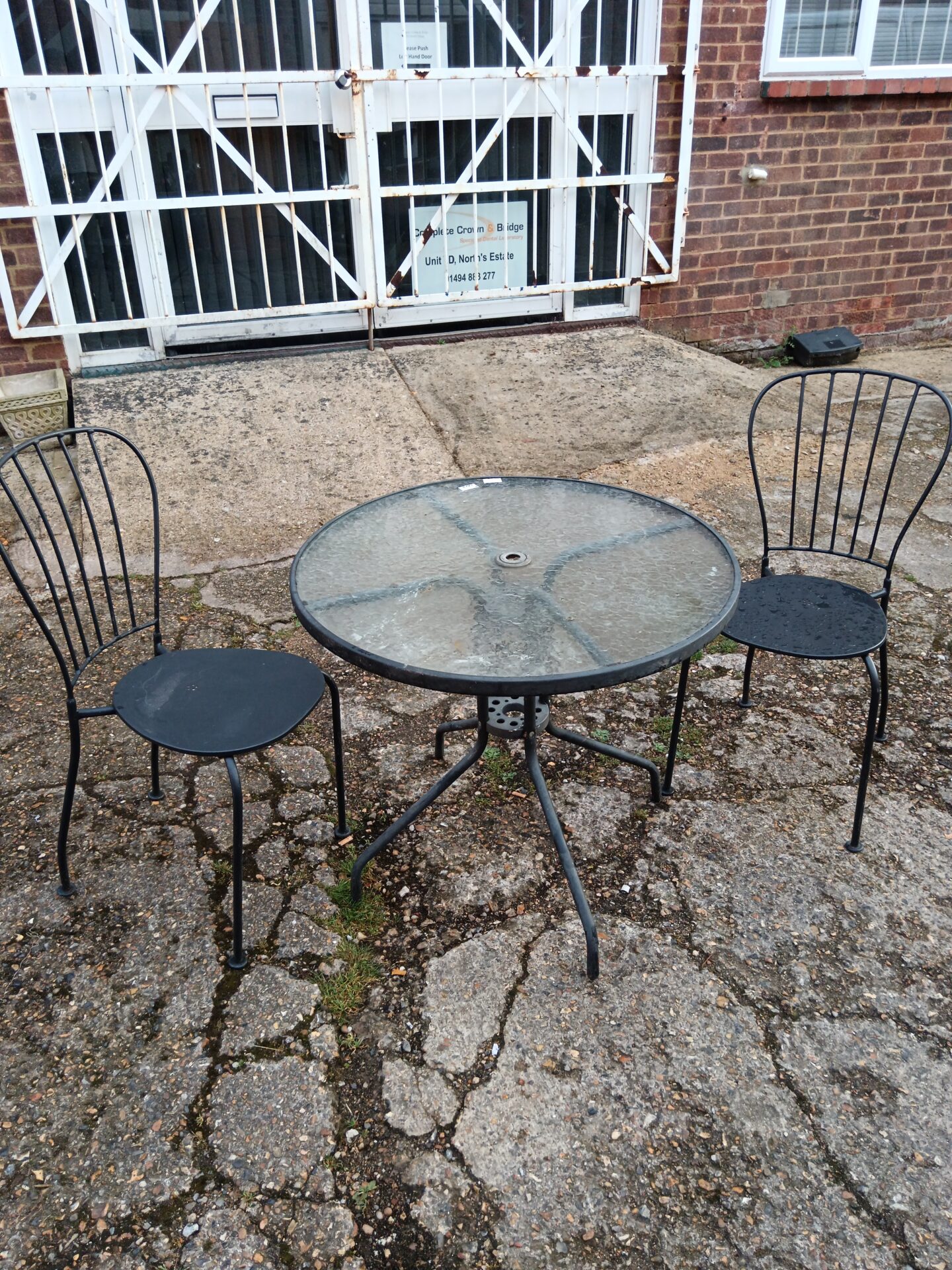 1228 Glass topped garden table with two chairs