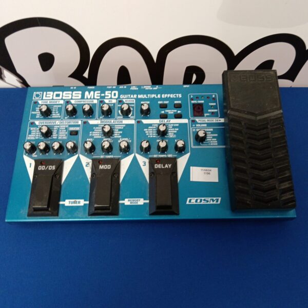 Close-up of the Boss ME-50 guitar effects pedal with controls visible.