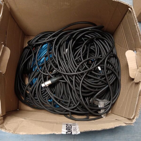 Black XLR speaker cables in a cardboard box, pro audio equipment.