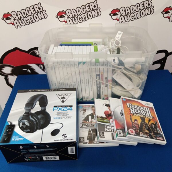 Nintendo Wii and Xbox 360 console bundle with games and accessories.