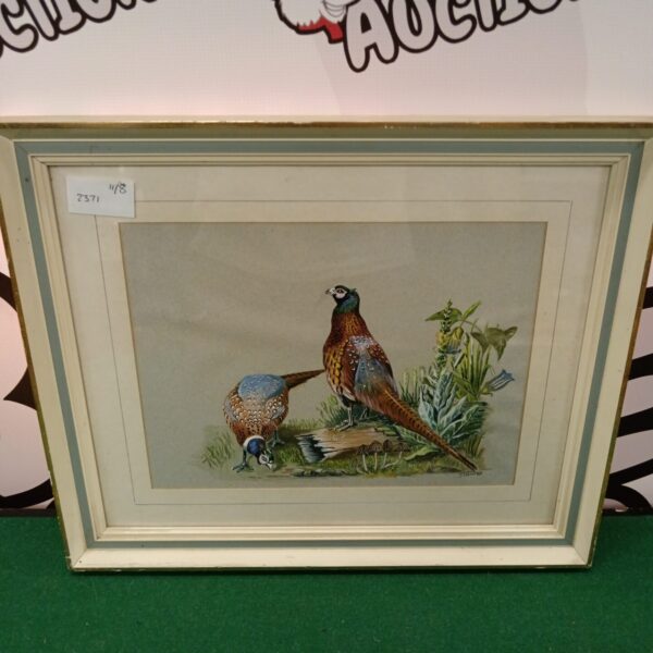 Vintage J Thorpe oil painting of pheasants in a natural setting.