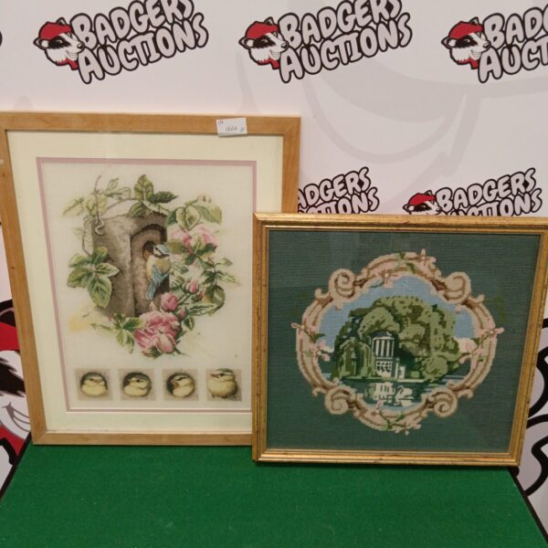 Vintage framed embroidery featuring a blue tit and floral design.