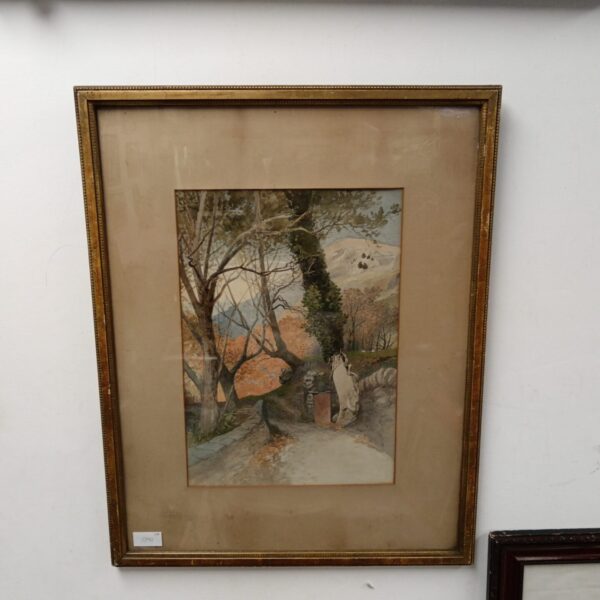 Antique watercolour painting of a mountain lane with trees.