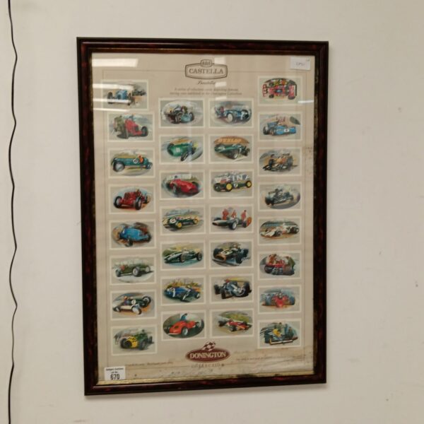 Framed Castella Donnington collection of classic race car cards.