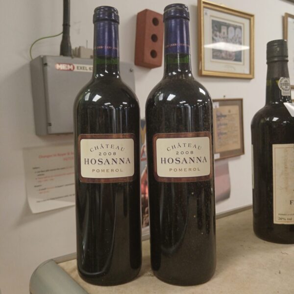 Two bottles of Chateau Hosanna Pomerol 2008 red wine.