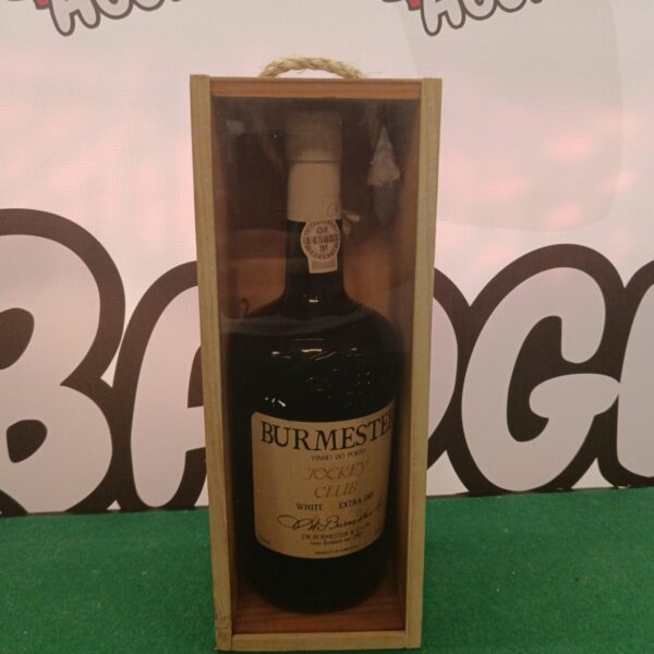 Vintage Burmester Jockey Club Port bottle in wooden case.
