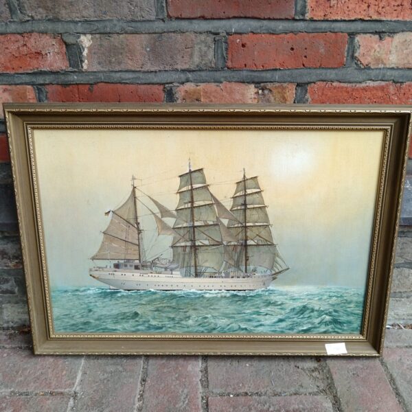 Vintage oil painting of a sail ship signed Patricia.