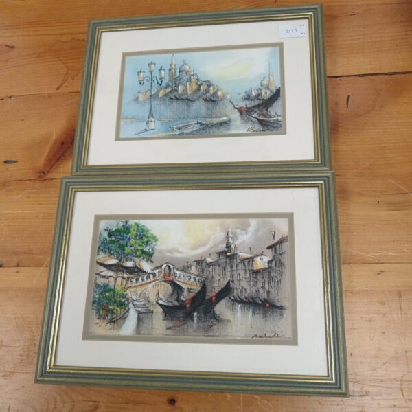 Pair of vintage oil paintings depicting Venice canals.