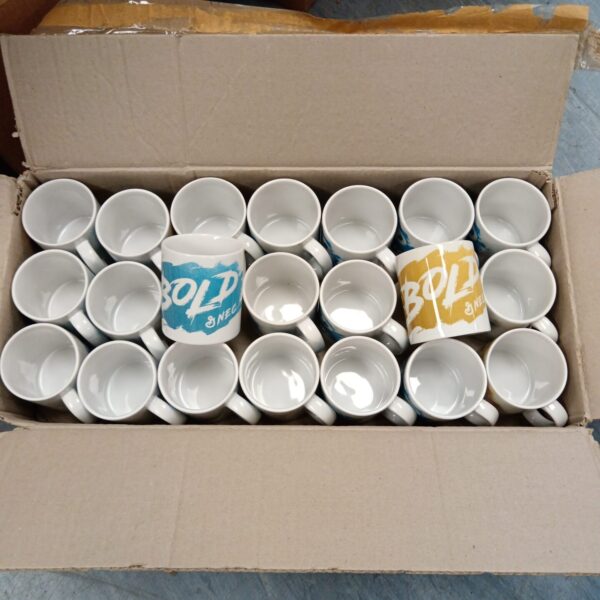 Boxed set of new Bold & Nec branded promotional mugs.