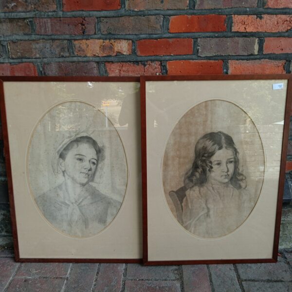 Victorian pencil portrait of a young maid, antique drawing.