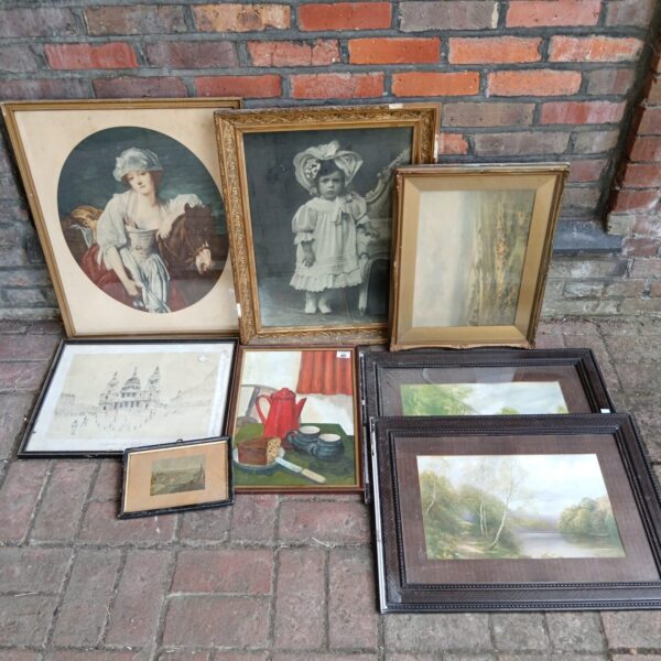 Vintage framed prints collection including Stephen Wiltshire artwork.