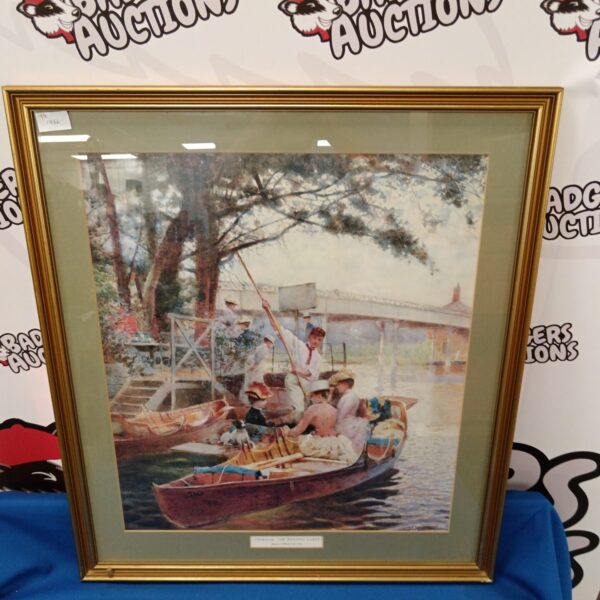 Framed Hector Caffieri print of a Cookham boating party scene.