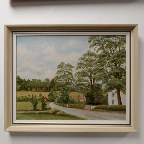 Signed Bullworthy painting of a peaceful country village landscape.