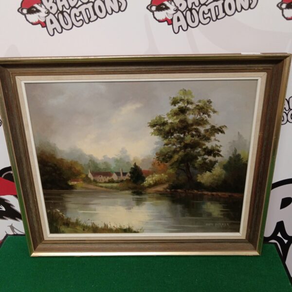 Vintage oil painting of a village pond signed N Parker.
