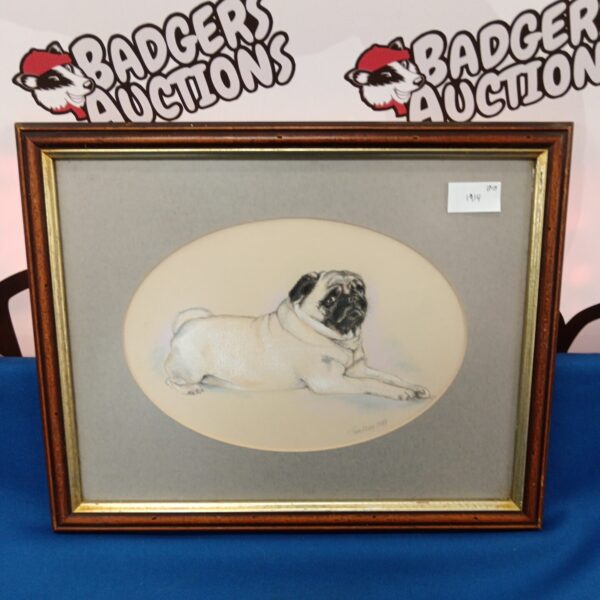 Signed pastel drawing of a pug by Thea Olrog.