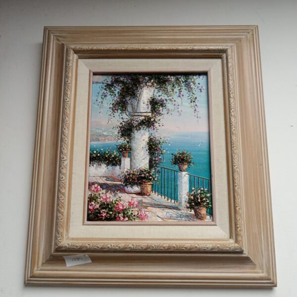 Vibrant Mediterranean oil painting signed Valencia G, coastal scene.