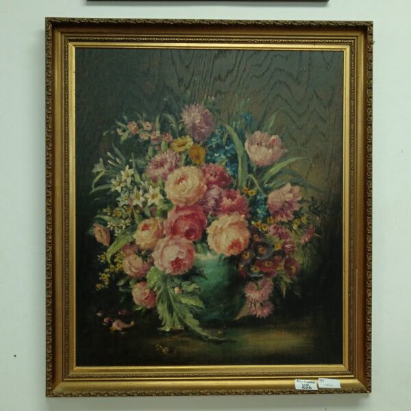 Vintage floral still life oil painting on board with vibrant flowers.