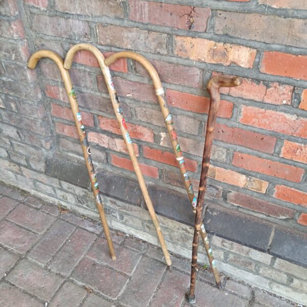 Four vintage walking sticks with travel plaques, collectible hiking sticks.