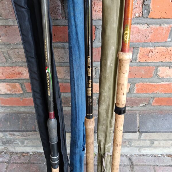 Lot of three vintage fishing rods including Maver, Rodhill, and Daiwa.