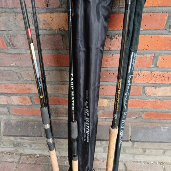 Lot of three vintage fishing rods including Leeda, Shakespeare, and Carp Match.