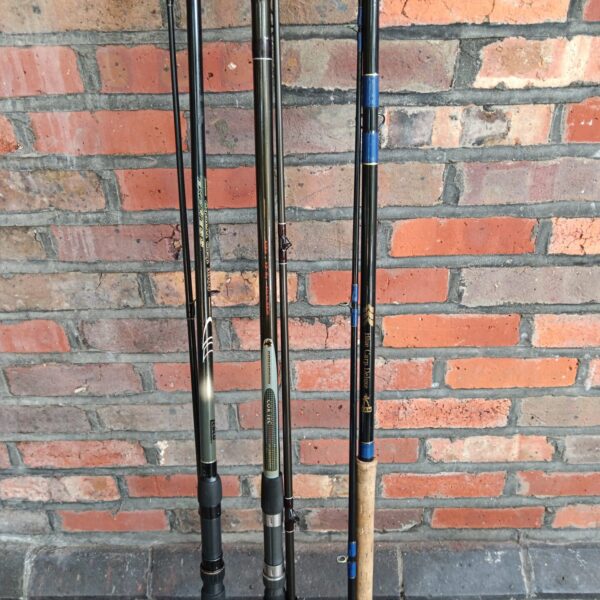 Lot of three used carp fishing rods, including Zebco and Cormoron.