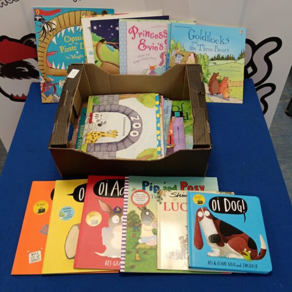 Tray of colourful children's story books for early readers.