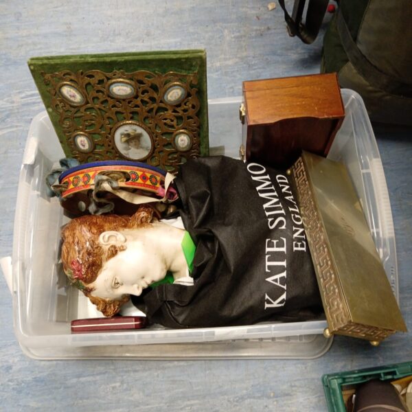 Tray of mixed vintage boxes and collectibles, including brass and wood.