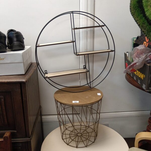 Vintage wall shelving unit and wire waste paper bin set.